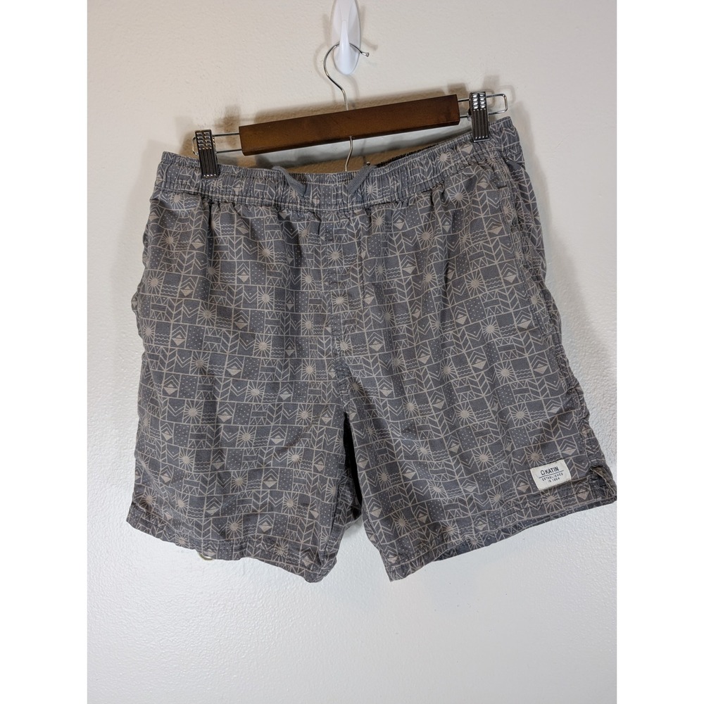 Katin Mens M Grey Geometric Tribal Print Drawstring Shorts Linen Cotton Blend